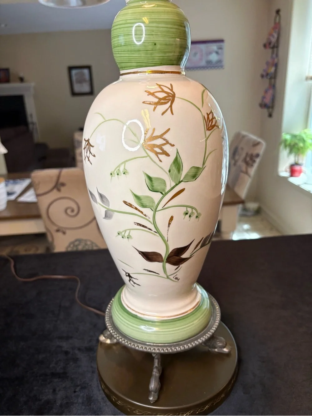 Vintage Hand-Painted Floral Ceramic Lamp Dolphin/ Fish -Head Claw Feet